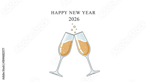 Illustration of two champagne glasses clinking with orange liquid and bubbles on a white background with Happy New Year 2026 text above, in a celebratory style with a joyful mood.