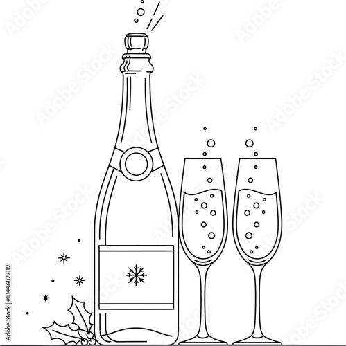 Elegant line art of champagne bottle and glasses celebrating holiday season cheer