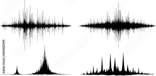 Black vector sound wave and frequency spectrum analysis graphics, audio volume peaks for digital music, recording, technology, and equalizer visualization.