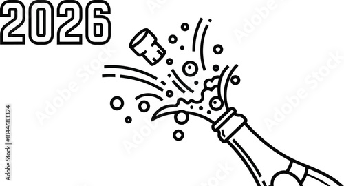 Celebrating the new year 2026 with champagne bottle popping in black and white
