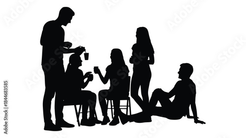 a group of people socializing and relaxing depicted in a striking black silhouette