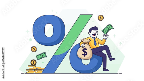 A cartoon boy holding a money sign card at school in a simple business style illustration