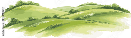 Watercolor painting of rolling green hills with soft gradients, scattered white flowers, and dark tree silhouettes on a white background