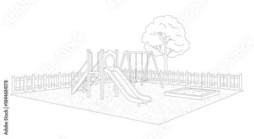 Line art illustration of a playground with slide swings and sandbox outdoors