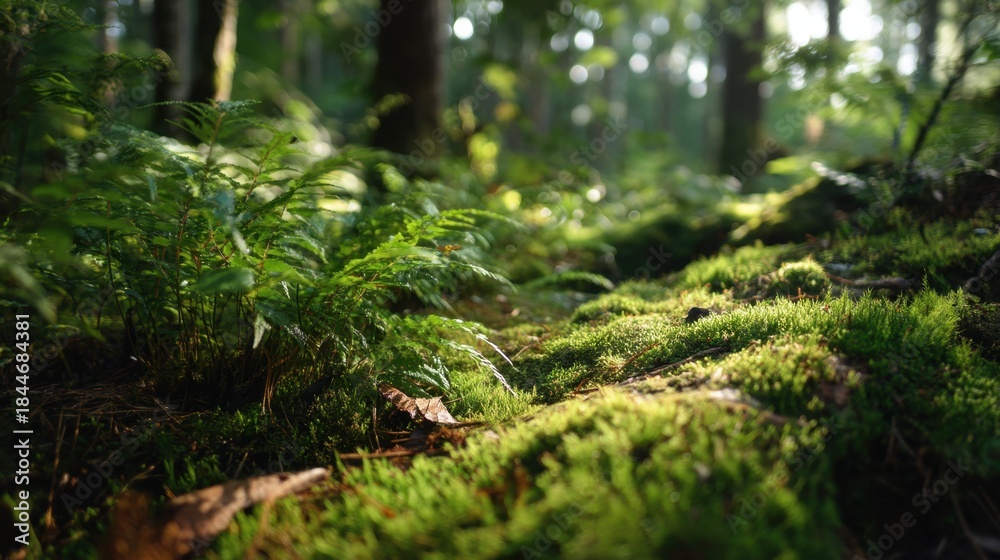 Obraz premium A lush green forest with a path through it. The path is covered in moss and the trees are tall and leafy