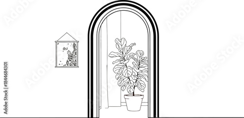 Fiddle leaf fig plant in a pot viewed through an archway in a bright room