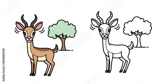 Cute cartoon gazelle or antelope standing near tree vector illustration. Adorable African wild animal character with horns for children education or logo design on white background.