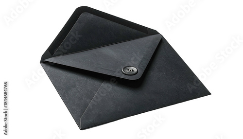 Angled, open black envelope with a button closure, against a black background