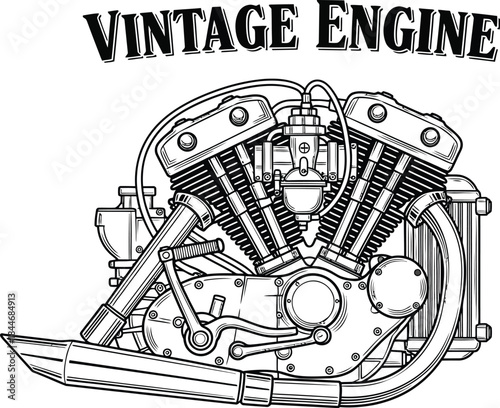 Detailed line art illustration of a classic motorcycle engine design style