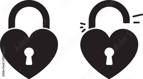 Black isolated icon of locked and unlocked heart shape lock on white background. Set of Silhouette of locked and unlocked heart shape lock. Flat design