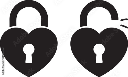 Black isolated icon of locked and unlocked heart shape lock on white background. Set of Silhouette of locked and unlocked heart shape lock. Flat design