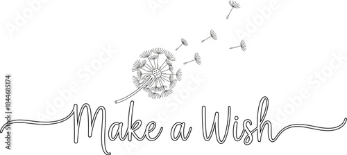 Dandelion seeds blowing in the wind with the words make a wish below it