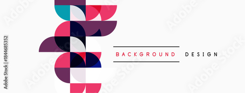 Abstract geometric shapes overlap, creating vibrant visual composition. Pink, purple, blue hues dominate design. Minimalist aesthetic.