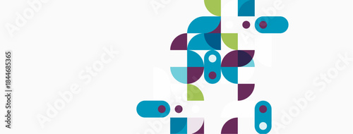 Abstract shapes, teal, purple, green hues dominate white background. Modern design, simple composition, clean aesthetic.