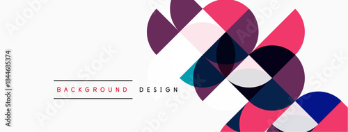 Abstract geometric shapes overlap, creating dynamic visual composition. Pink, purple, navy hues dominate white space. Modern design element.