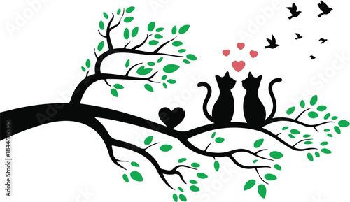 Cats in love on tree branch silhouette vector