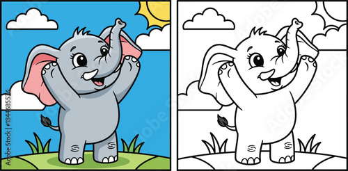 Cute cartoon baby elephant standing on hind legs with hands up vector illustration. Happy gray animal character with trunk up in nature background with blue sky and sun for children book.