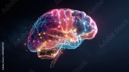 A digital illustration shows a brain made of light and color in a dark background. The brain structure has bright connections representing thoughts and activity.