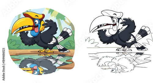 Funny cartoon hornbill bird looking at its reflection in water pond. Cute tropical animal character posing with tongue out in jungle background vector illustration for children book.