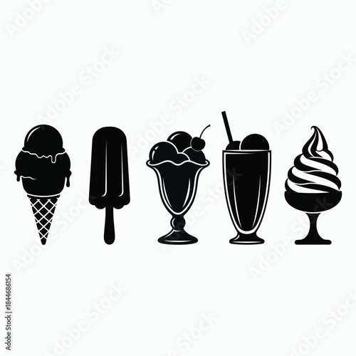 Black silhouettes of five different ice cream treats dessert sweet