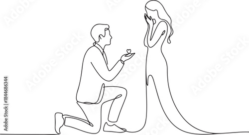 Continuous line drawing. Vector illustration. Man kneeling offering engagement ring and woman surprised silhouette isolated on white background