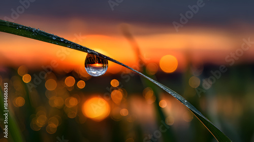 Water droplet on grass at sunset