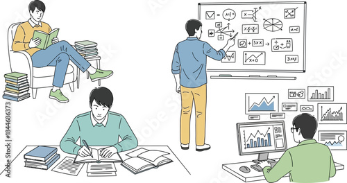 Office workers engaged in various tasks and activities