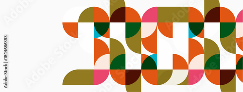 Abstract geometric pattern. Circles, semicircles create colorful design. Modern aesthetic, simple shapes, vibrant hues present.