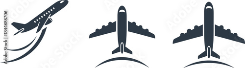 Set of three dark airplane icons depicting takeoff and flight views