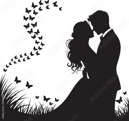 Couple kisses on a meadow, black silhouette