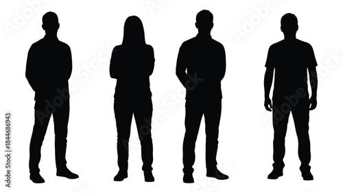 Four people standing in a row a study of human shapes in black silhouette