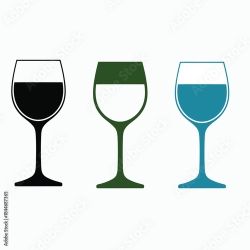 Three stylized wine glasses with different colored liquids drink beverage