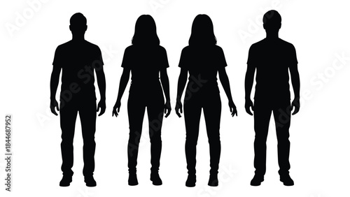 Four people standing in a row showcasing distinct body shapes as a silhouette