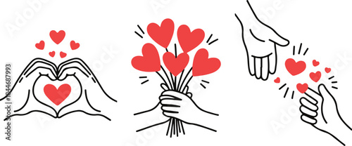 Female hands with red hearts. Set of abstract elegant vectors. Self, skin or body care, share love, love yourself icons. Logo for wedding design, cosmetics, beauty. Illustration of hand holding flower