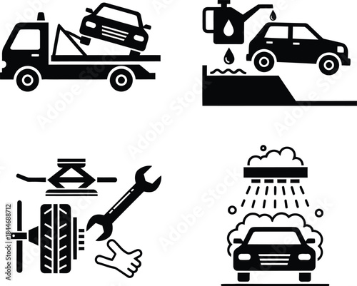 Automaintenance icons set, car service pictograms, transport repair, towing, oil change, tire fitting, and washing silhouettes.
