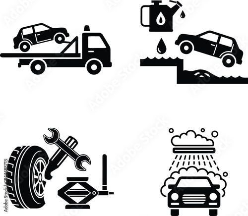 Automaintenance icons set, car service pictograms, transport repair, towing, oil change, tire fitting, and washing silhouettes.