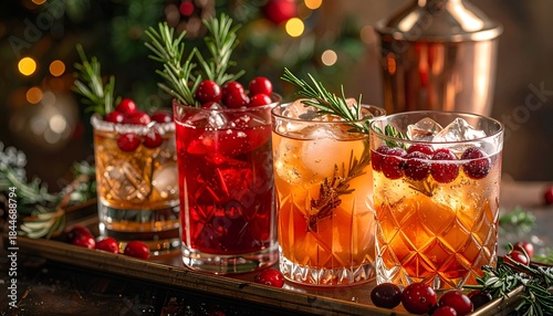 Festive holiday cocktails with garnishes of cranberries and rosemary on a tray