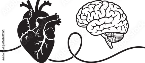 Heart and brain connected by thread – emotion vs logic vector