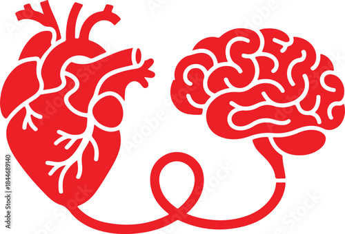 Heart and brain connected by thread – emotion vs logic vector