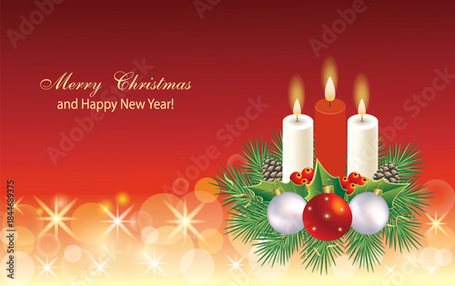 Merry Christmas card with burning candles and baubles on fir and rowan branches with pine cones and berries. Vector illustration for backgrounds, banners, covers, and social media.