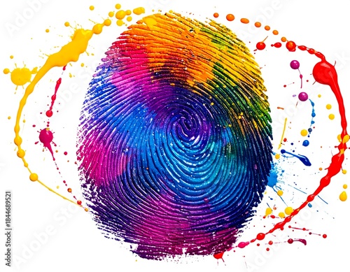 Vivid, colorful fingerprint illustration surrounded by paint splatters on white