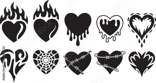 Heart tattoo Neo tribal set, gothic rock flame shape kit, vector u2k abstract love logo concept. Valentine punk retro sticker collection, neotribal web goth decoration. Stylised heart tattoo prints