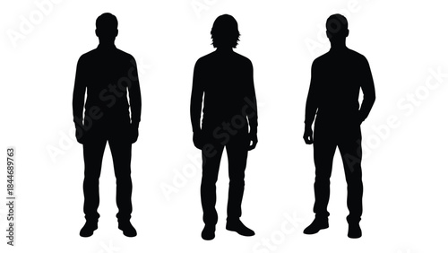 Three male figures standing side by side presented as a striking visual silhouette