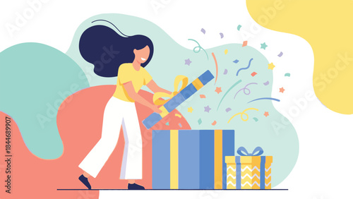 Happy woman opening present, colorful confetti flying, festive celebration