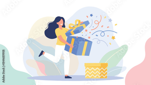 Smiling woman celebrating with an open gift box and flying confetti