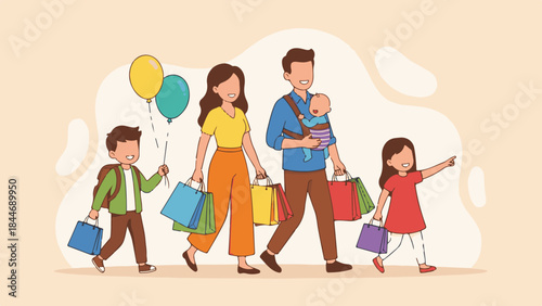 Happy family walking with children and shopping bags, a leisure outing