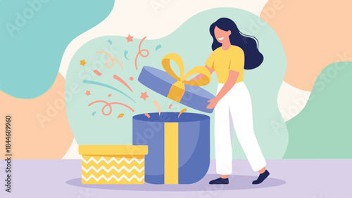 Smiling woman celebrating, opening a present with colorful confetti