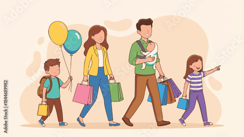 Happy family walking with shopping bags and balloons