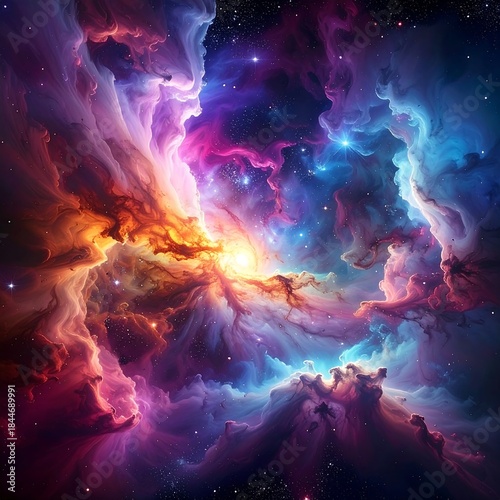 Vivid cosmic nebula with swirling clouds and radiant celestial glow