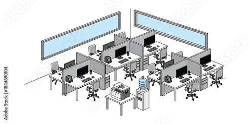 Isometric Modern Office Cubicles, Desks, Computers, Water Cooler, Printer